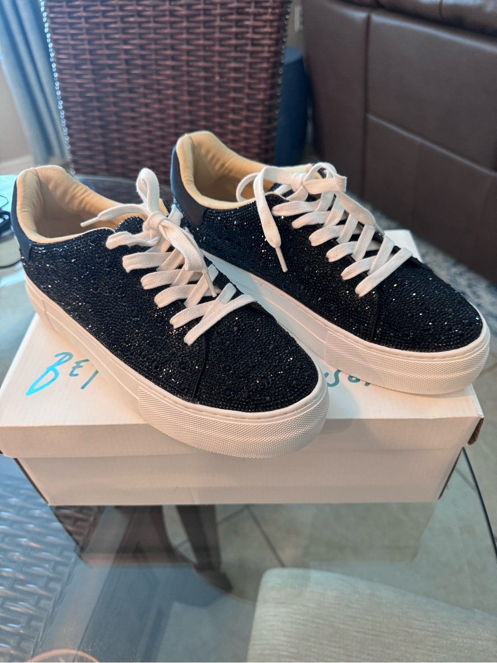 Betsey Johnson Black Sequins Platform Sneakers with White Soles